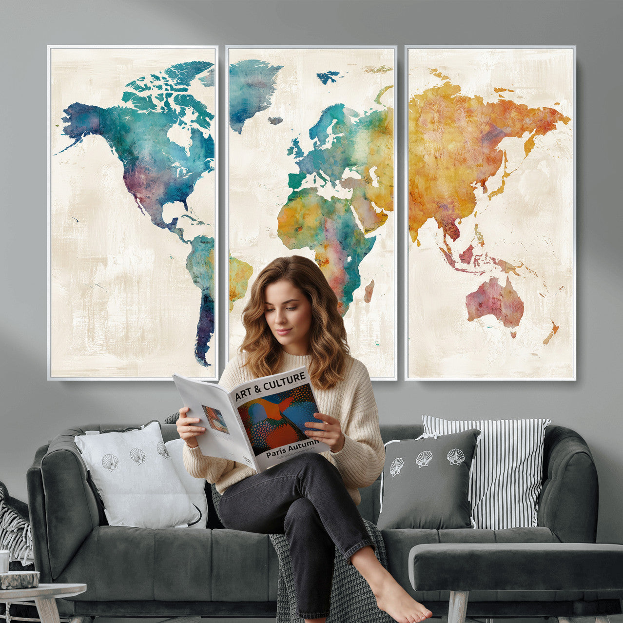 56556018-MGV-CV-36X24 - Watercolor World Map Canvas Wall Art Print – Abstract Colorful Travel Wall Decor