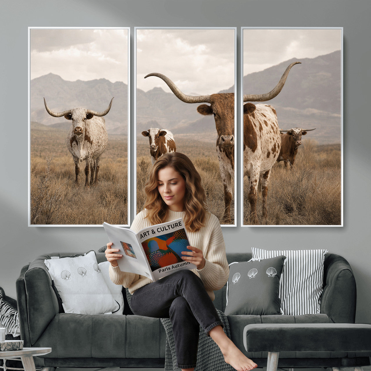 62336425AD-MGV-CV-36X24 - Rustic Texas Longhorn Cow Canvas Wall Art Print, Rustic Farm Animal Photography Print, Farmhouse Country Decor, Western Ranch Art