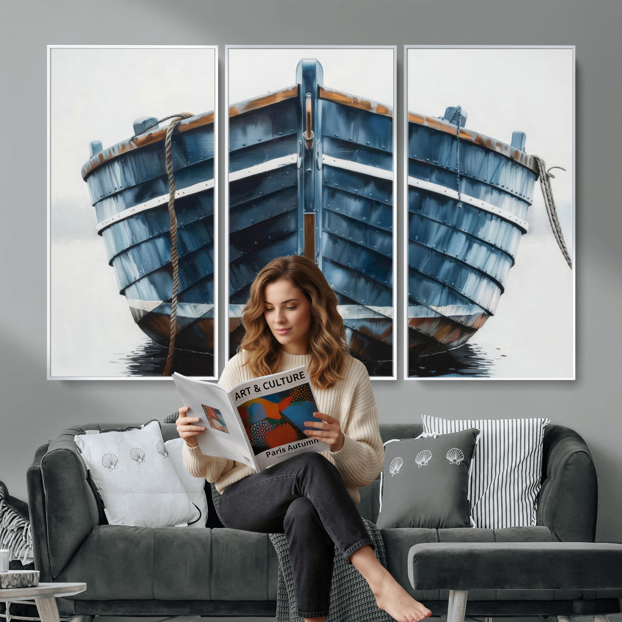 21601740-MGV-CV-36X24 - Blue Wooden Rowboat Canvas Wall Art, Coastal Nautical Boat Painting Print for Lake Beach House Decor, Minimalist Maritime Decor Artwork