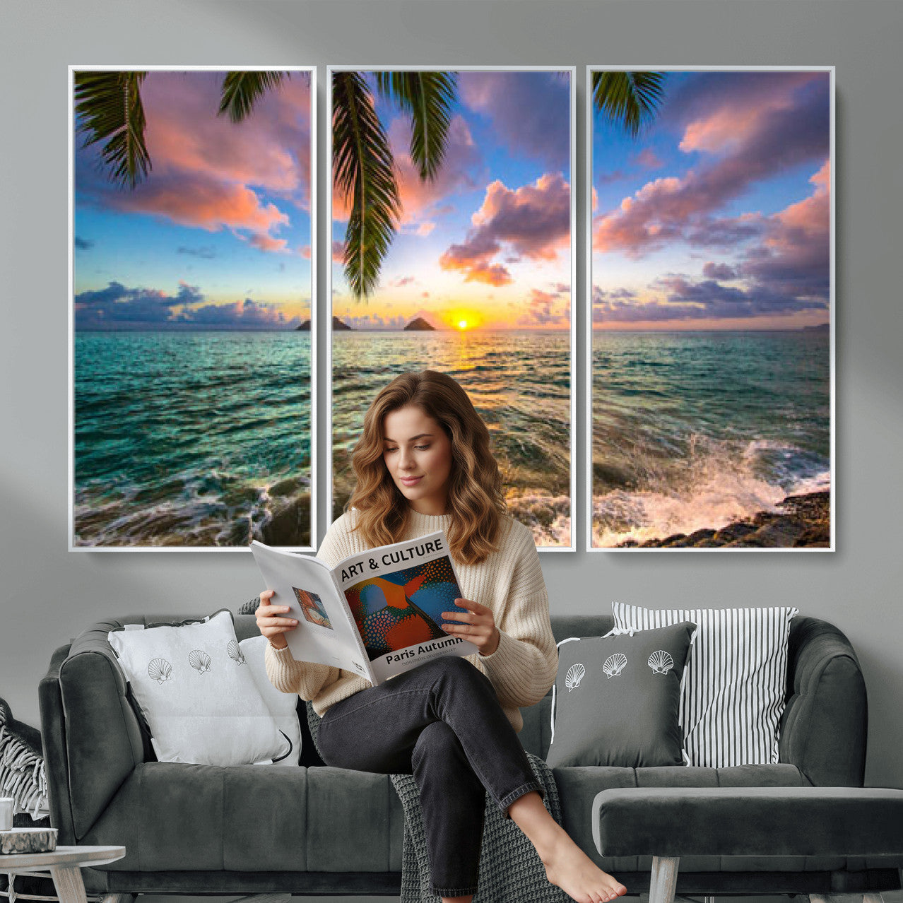 13207742-MGV-CV-36X24 - Hawaii Beach Sunset Canvas Wall Art Print, Tropical Ocean Landscape Artwork, Palm Tree Coastal Decor for Living Room Bedroom
