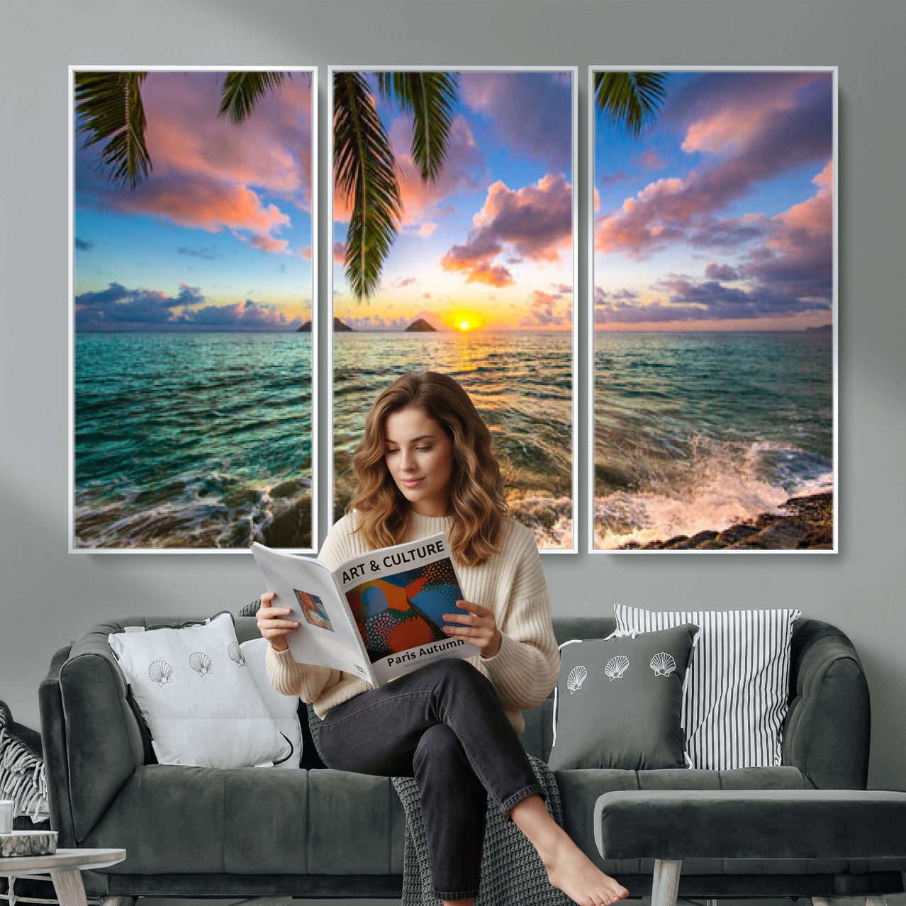 13207742-MGV-CV-36X24 - Hawaii Beach Sunset Canvas Wall Art Print, Tropical Ocean Landscape Artwork, Palm Tree Coastal Decor for Living Room Bedroom