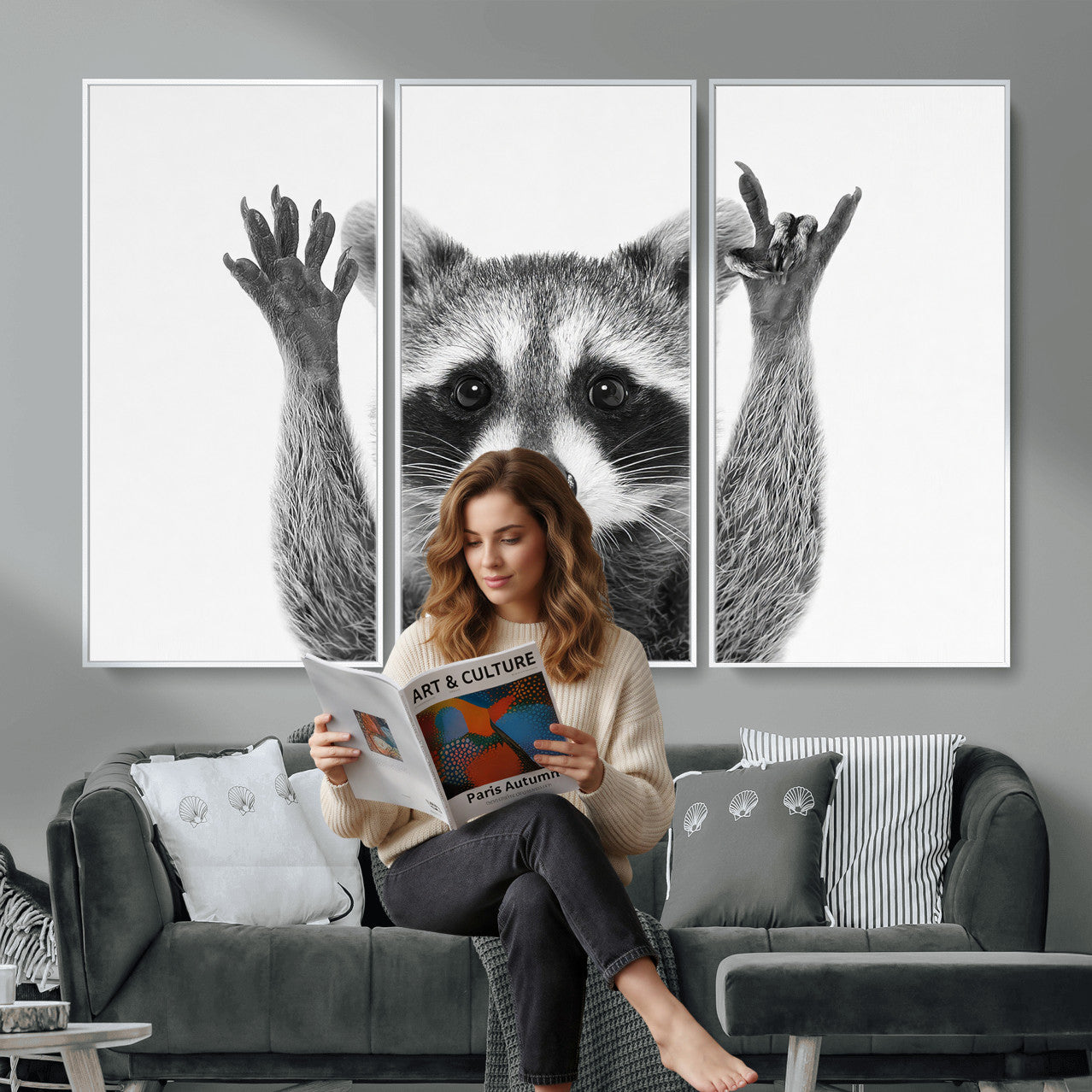82392228-MGV-CV-36X24 - Funny Raccoon Canvas Wall Art, Black White Hands Up Animal Photo Print, Humorous Wildlife Decor, Kids Room Nursery Art, Quirky Animal Gift