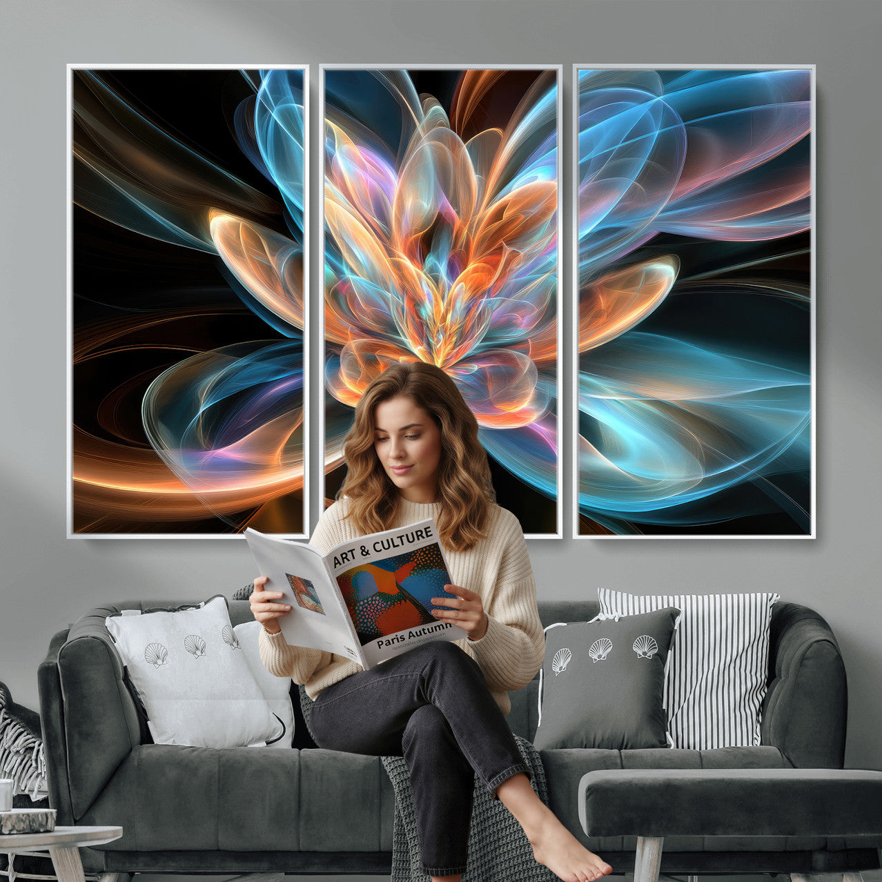 91902283-MGV-CV-36X24 - Fractal Lotus Canvas Wall Art, Blue Orange Glowing Flower Abstract Print, Modern Zen Meditation Room Decor, Ethereal Digital Art, Living Room