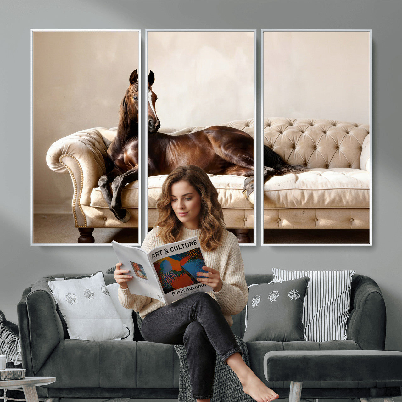 17716841-MGV-CV-36X24 - Funny Horse on Sofa Canvas Wall Art, Quirky Horse Lounging Photo Print, Whimsical Animal Decor, Living Room Conversation Art, Horse Lover Gift