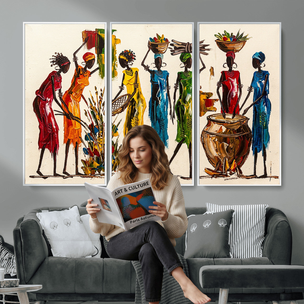 83463154-MGV-CV-36X24 - African Folk Art Canvas Wall Art, Colorful African Women Village Painting Print, Tribal Ethnic Home Decor, Vibrant African Art, Living Room