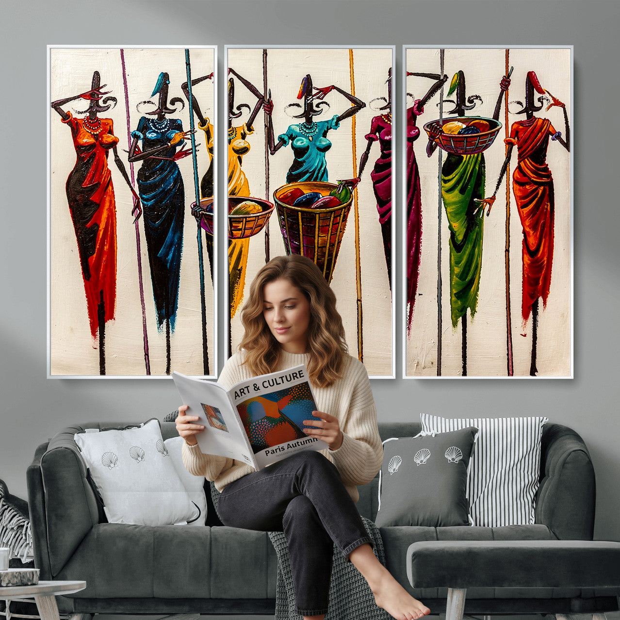 53545627-MGV-CV-36X24 - African Folk Art Canvas Wall Art, Colorful African Women Village Painting Print, Tribal Ethnic Home Decor, Vibrant African Art, Living Room