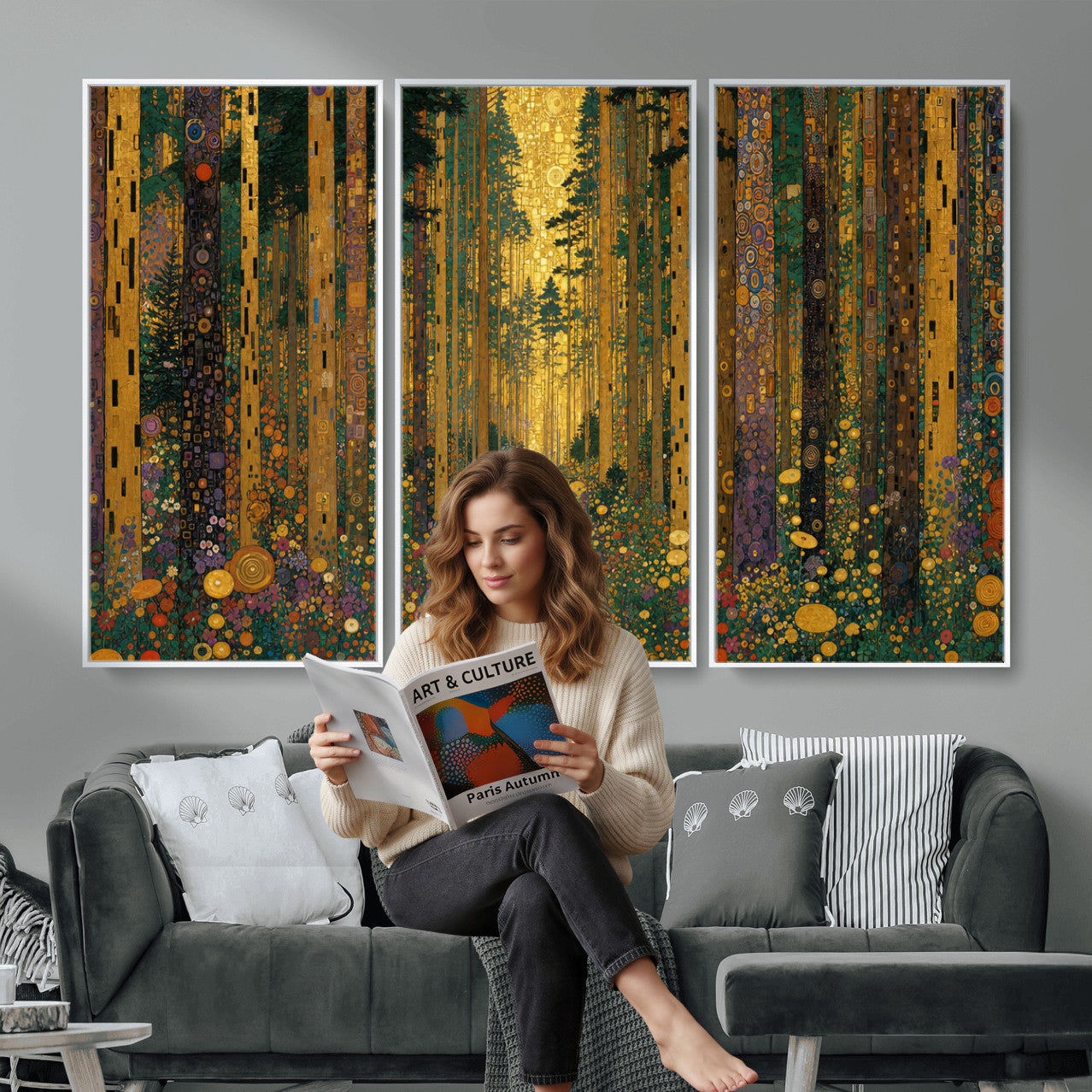 79483321G-MGV-CV-48X32-3P - Gustav Klimt Style Forest Canvas Wall Art, Golden Forest Path Floral Art Nouveau Print, Enchanted Woodland Decor