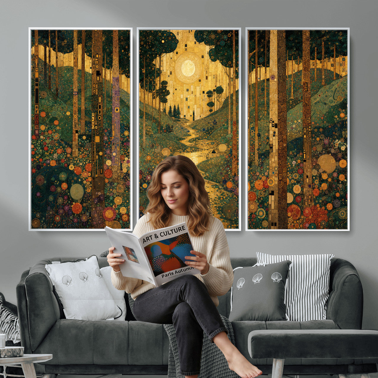 79483321GS-MGV-CV-48X32-3P - Gustav Klimt Style Forest Canvas Wall Art, Golden Forest Path Floral Art Nouveau Print, Enchanted Woodland Decor