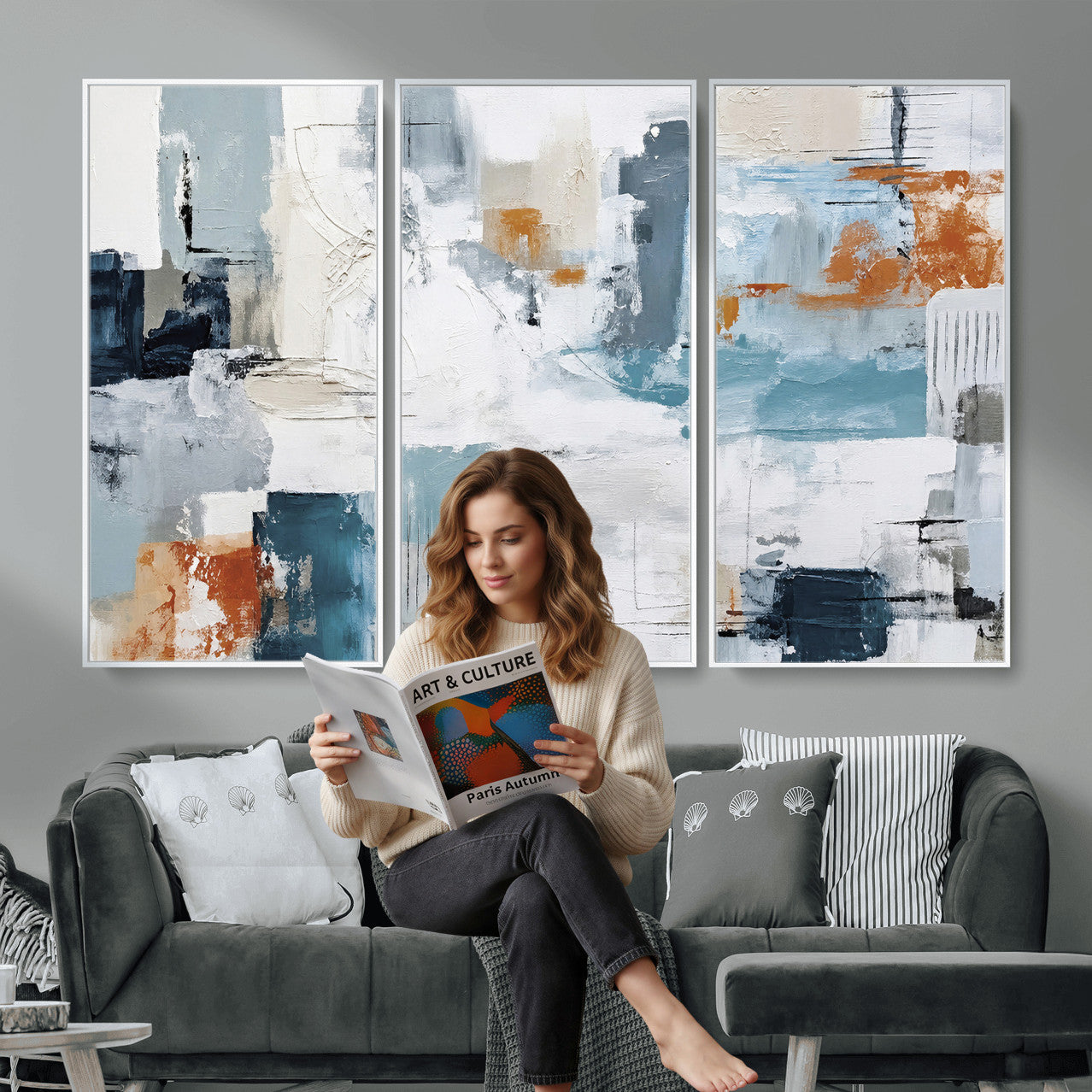 98638479-MGV-CV-36X24 - Blue Teal Abstract Canvas Wall Art, Modern Textured Painting Print, Navy Orange White Contemporary Art, Neutral Living Room Decor, Office Art