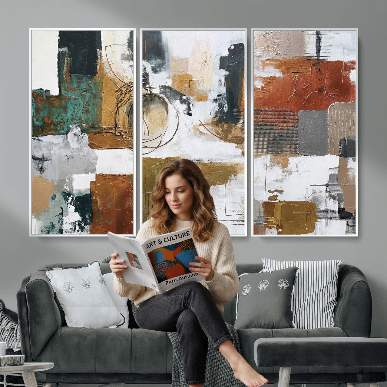 50720312-MGV-CV-36X24 - Blue Teal Abstract Canvas Wall Art, Modern Textured Painting Print, Navy Orange White Contemporary Art, Neutral Living Room Decor, Office Art