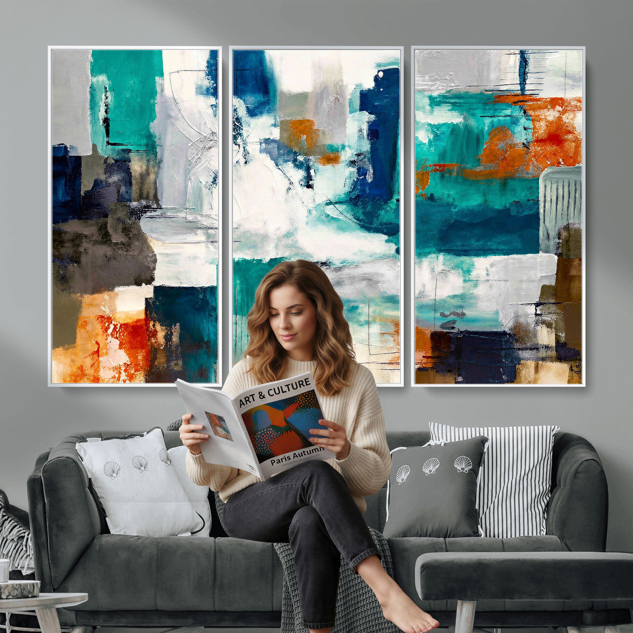 44038089-MGV-CV-36X24 - Blue Teal Abstract Canvas Wall Art, Modern Textured Painting Print, Navy Orange White Contemporary Art, Neutral Living Room Decor, Office Art