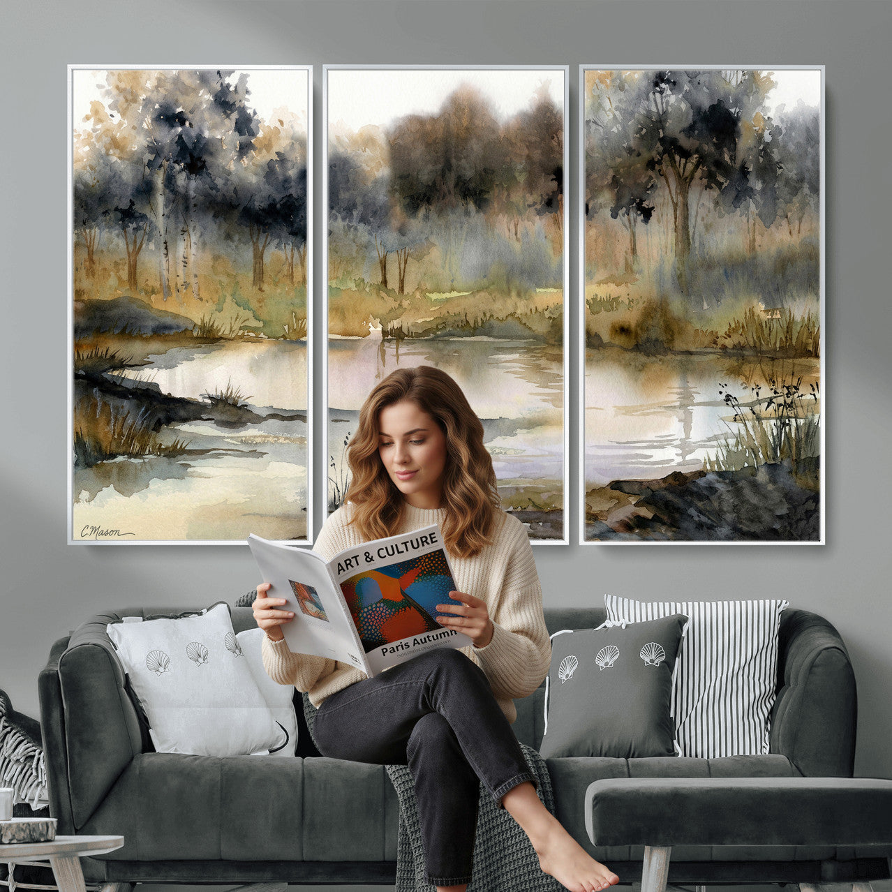 27383609-MGV-CV-36X24 - Abstract WatercolorAutumn Lake Canvas Wall Art Print, Misty Forest Landscape, Rustic Nature Painting, Cabin Wall Decor, Ready to Hang
