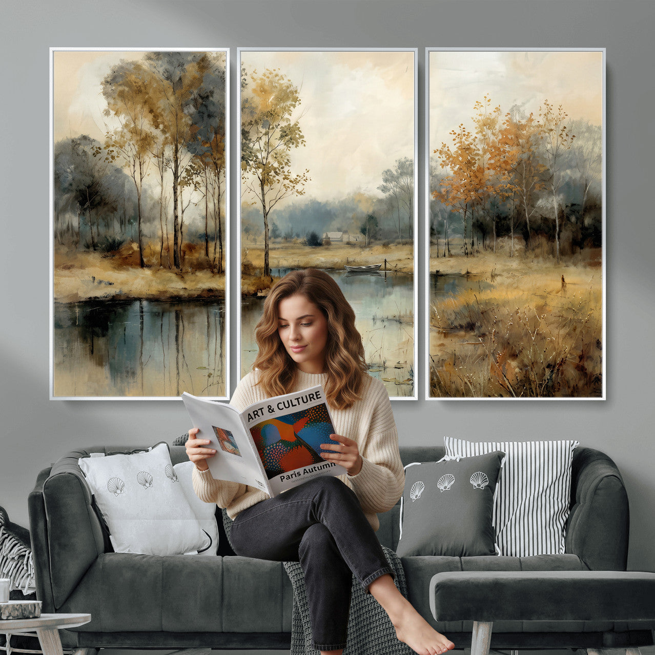 74391095-MGV-CV-36X24 - Abstract WatercolorAutumn Lake Canvas Wall Art Print, Misty Forest Landscape, Rustic Nature Painting, Cabin Wall Decor, Ready to Hang