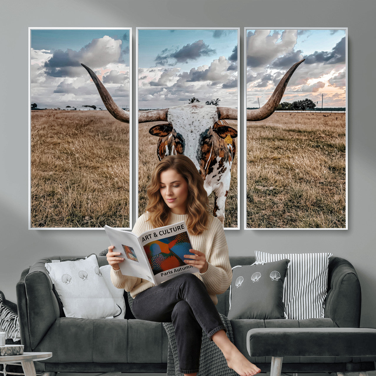 17464823-MGV-CV-36X24 - Texas Longhorn Canvas Wall Art Print - Western Cow Photography, Rustic Ranch Decor, Farmhouse Wall Art, Ready to Hang