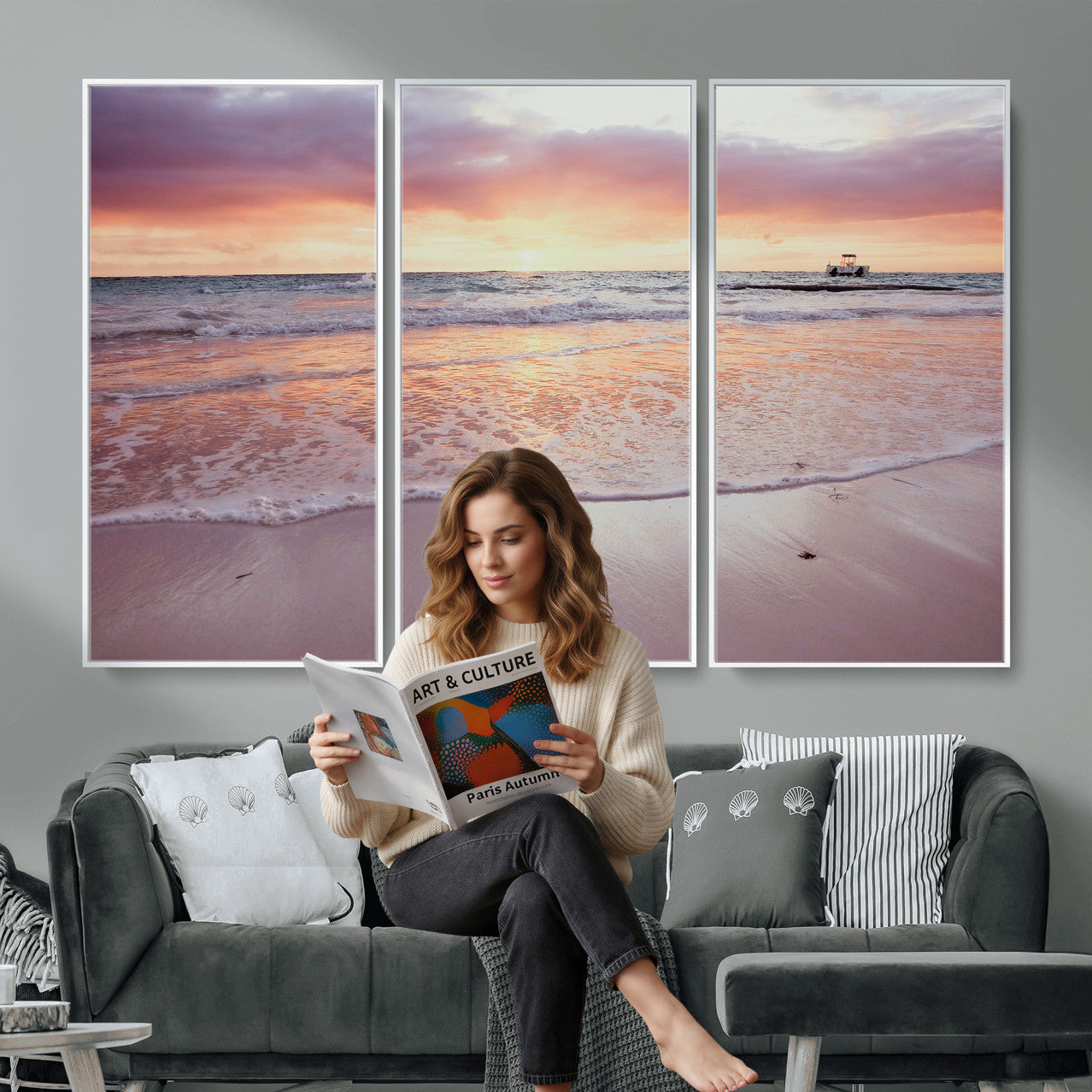 44765395-MGV-CV-36X24 - Beach Sunset Canvas Wall Art Print - Ocean Waves Landscape, Coastal Photography, Seascape Wall Decor, Ready to Hang