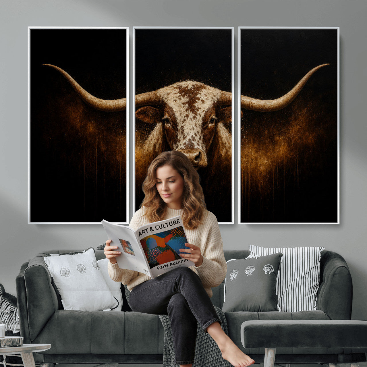 12628958-MGV-CV-36X24 - Texas Longhorn Canvas Wall Art Moody Western Bull Oil Painting Print