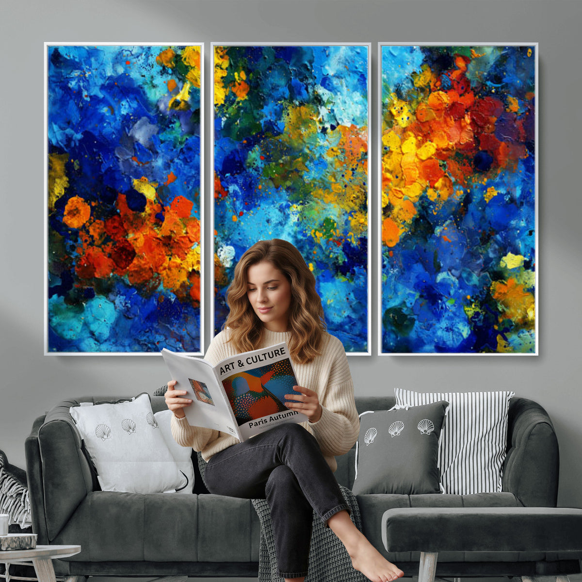 52431611-MGV-CV-36X24 - Vibrant Blue Abstract Canvas Wall Art Colorful Impasto Oil Painting Print