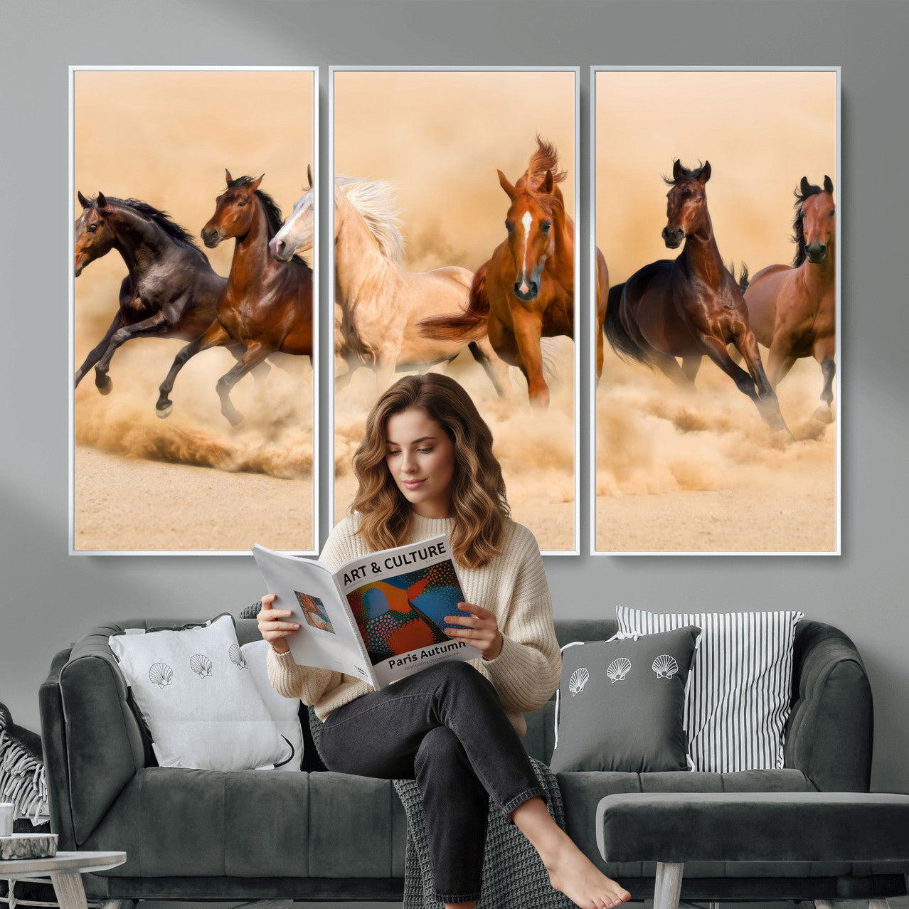 90610949-MGV-CV-36X24 - Herd of Six Wild Horses Galloping in Dust Storm Wall Art Canvas Print - Majestic Wildlife Decor