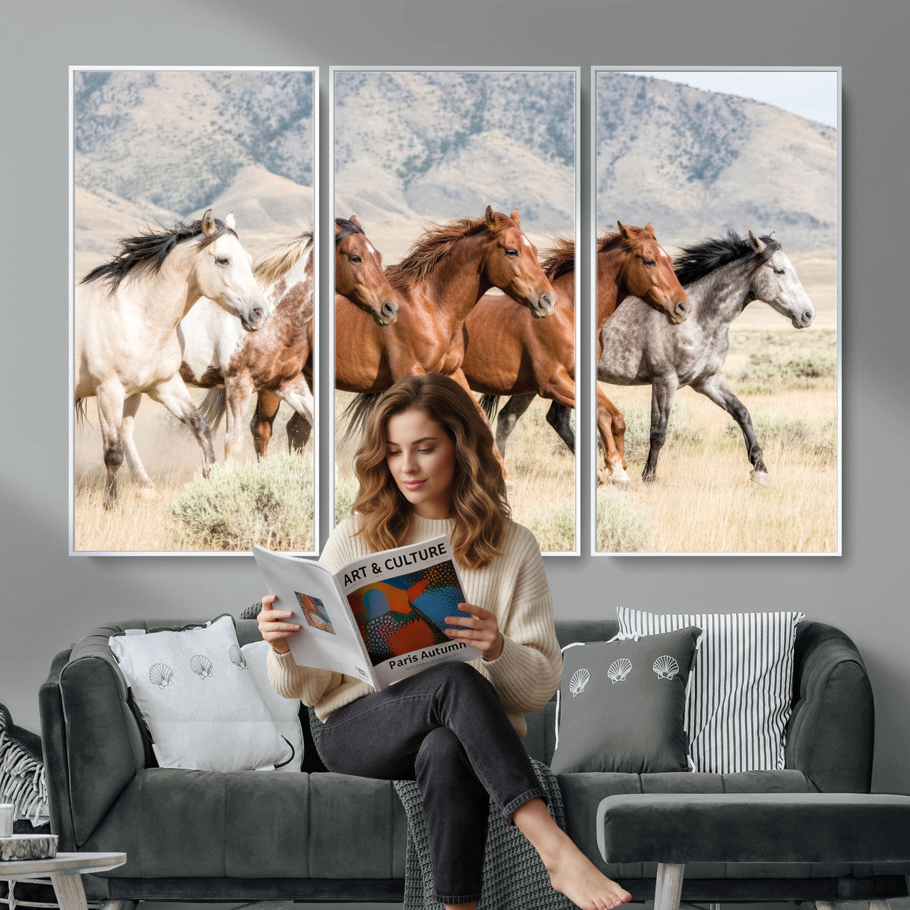 68345893-MGV-CV-36X24 - Five Mustangs Running Wild in Mountain Valley Wall Art Canvas Print - Rustic Western Decor