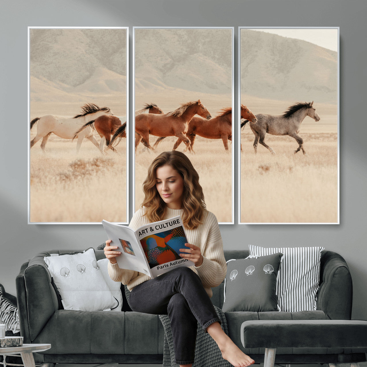 43348446-MGV-CV-36X24 - Herd of Wild Horses Running in Desert Mountain Wall Art Canvas Print - Boho Western Landscape