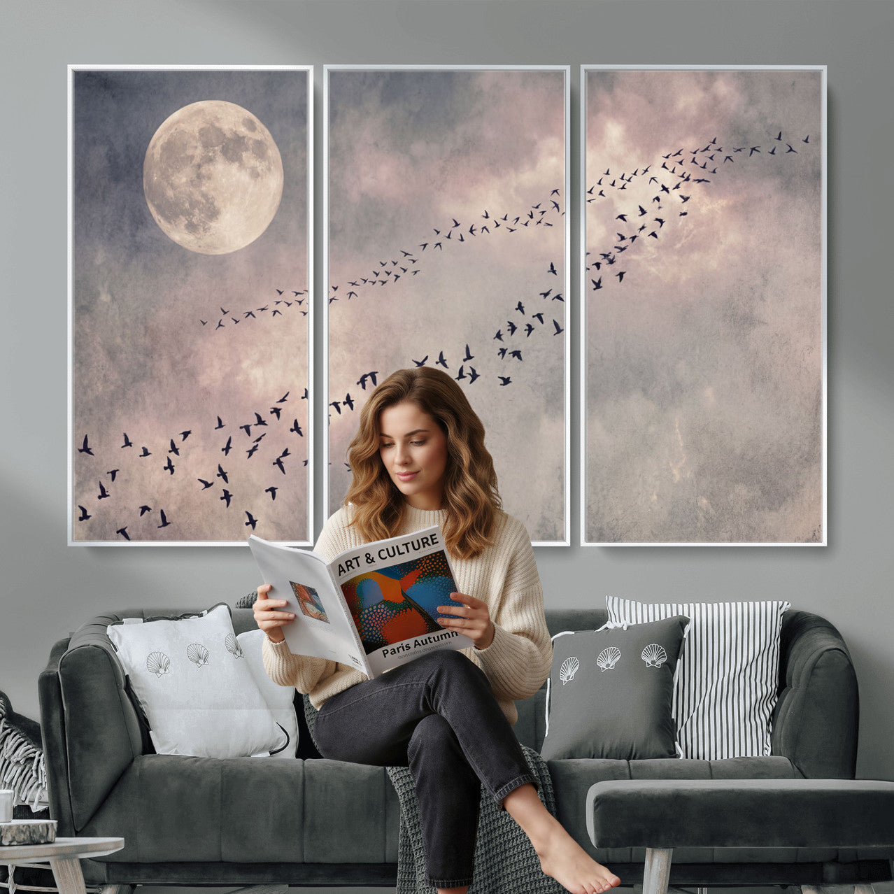 52339590-MGV-CV-36X24 - Birds Flying to Moon Wall Art Canvas Print - Vintage Surreal Night Sky Sky Print