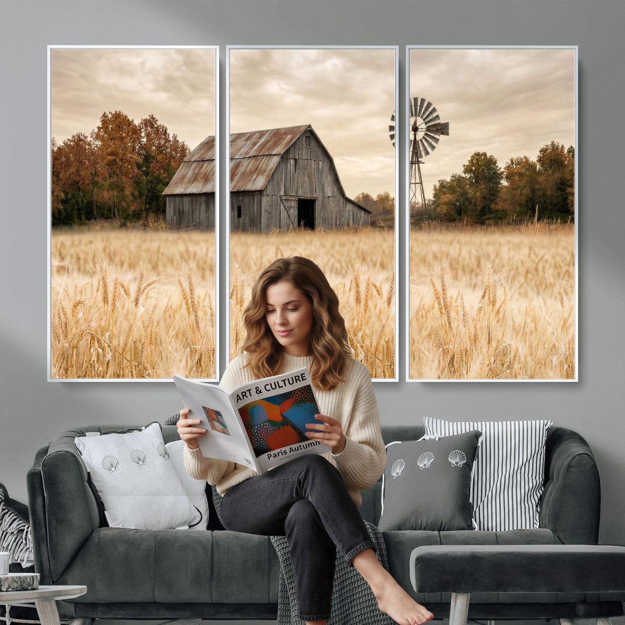 99640659-MGV-CV-36X24 - Rustic Farmhouse Barn and Windmill Wall Art Canvas Print, Country Landscape Photography Print