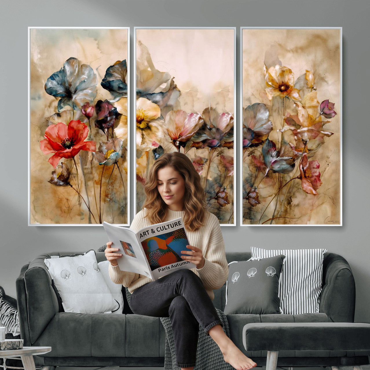 11407233-MGV-CV-36X24 - Vintage Dried Floral Meadow Wall Art Canvas Print, Translucent Watercolor Flowers Painting Print