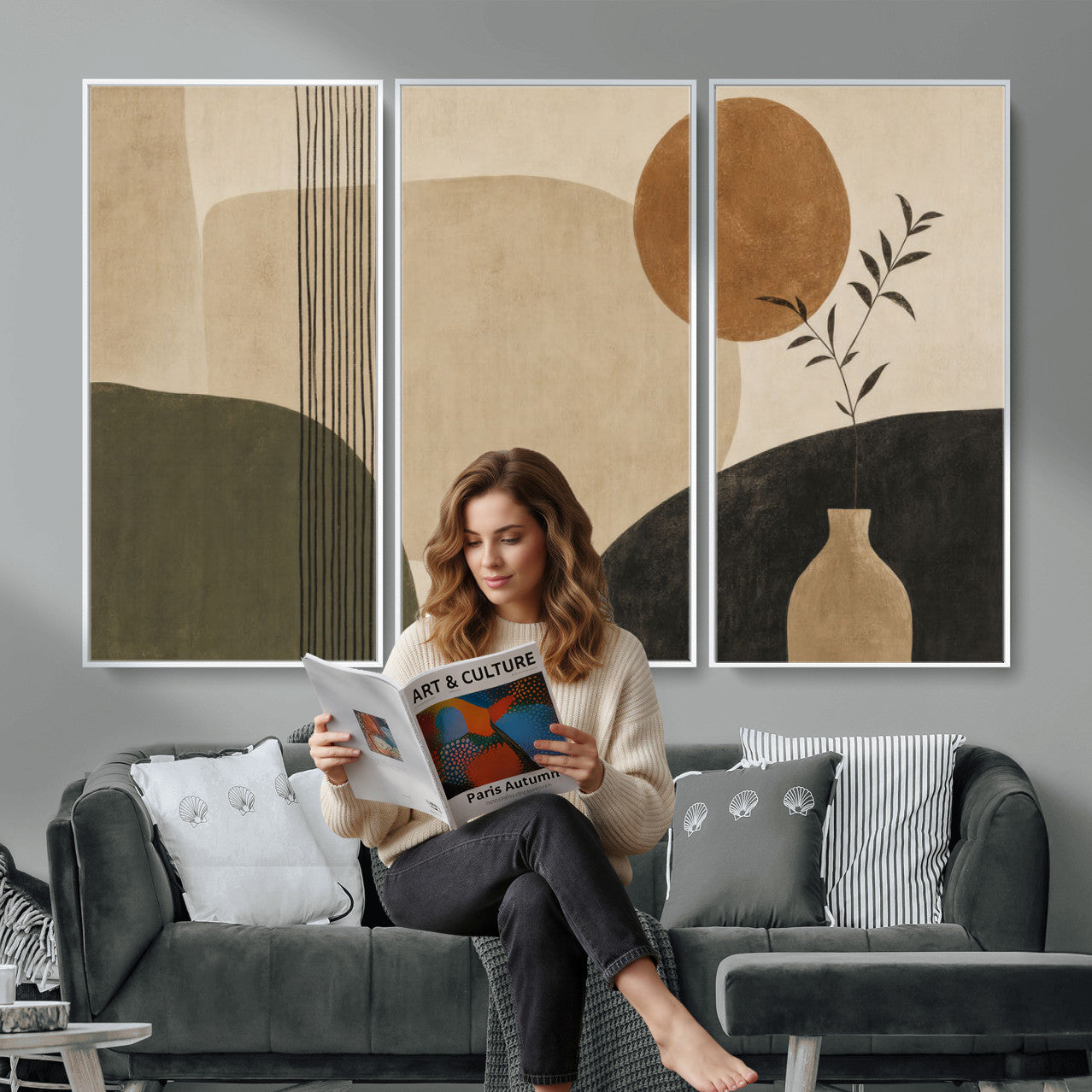 29113684-MGV-CV-36X24 - Japandi Minimalist Abstract Wall Art Canvas Print, Sage Green and Terracotta Sun Botanical Painting Print