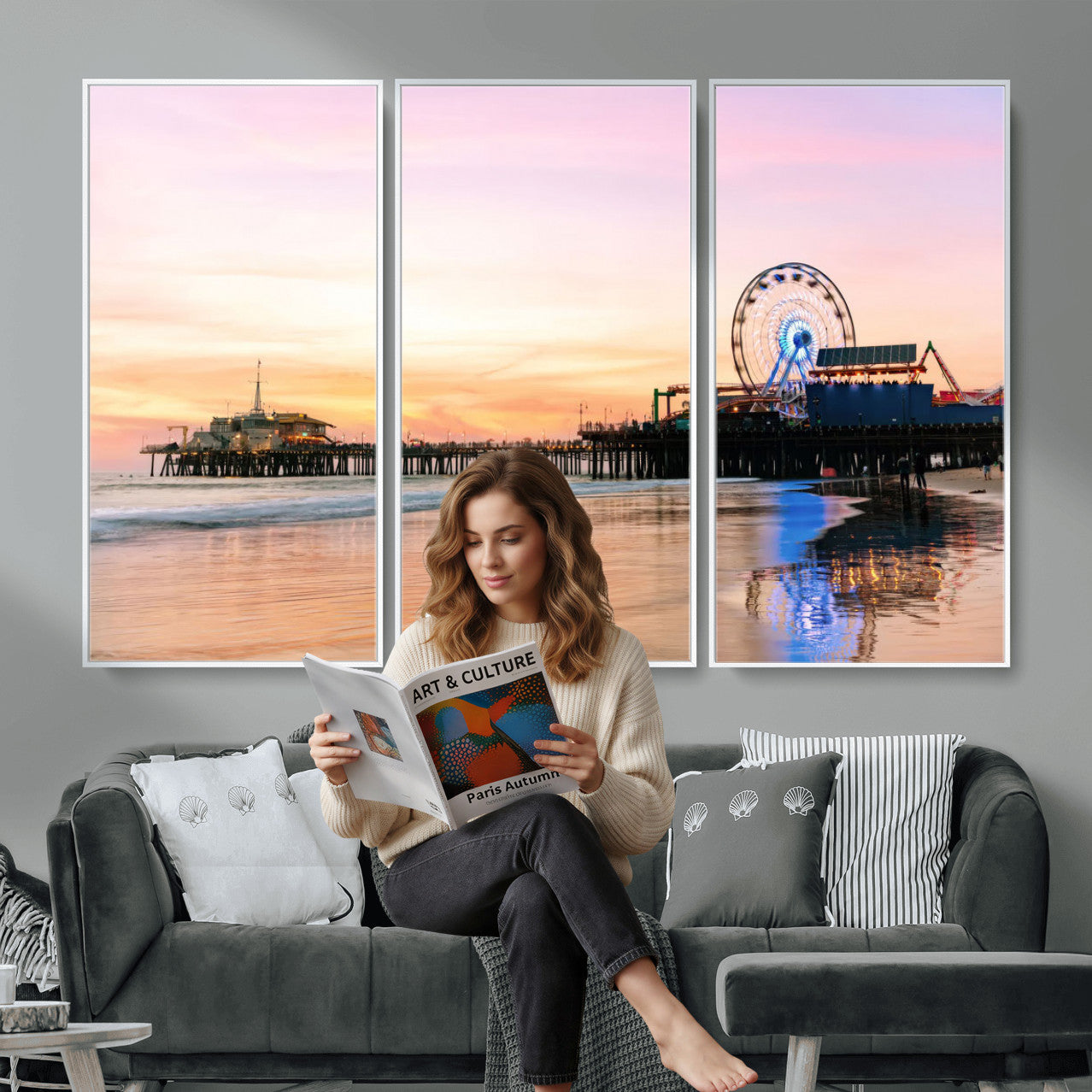 27381272-MGV-CV-36X24 - Santa Monica Pier Sunset Beach Wall Art Canvas Print, California Ferris Wheel Photo Print