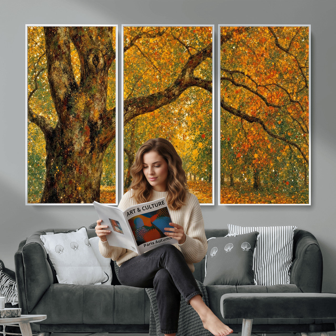 11536138-MGV-CV-36X24 - Vintage Autumn Forest Path Wall Art Canvas Print, Golden Leaves Impressionist Painting Print