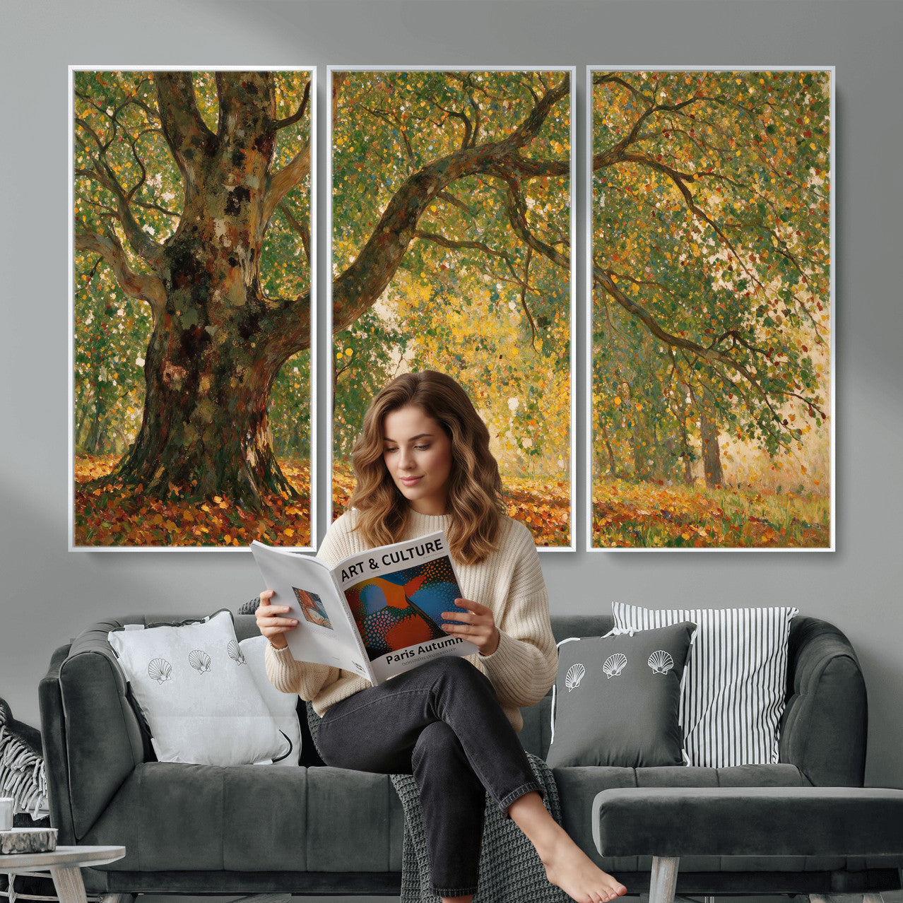 52555601-MGV-CV-36X24 - Claude Monet Style The Bodmer Oak Fontainebleau Forest Wall Art Canvas Print, Autumn Landscape Painting Print
