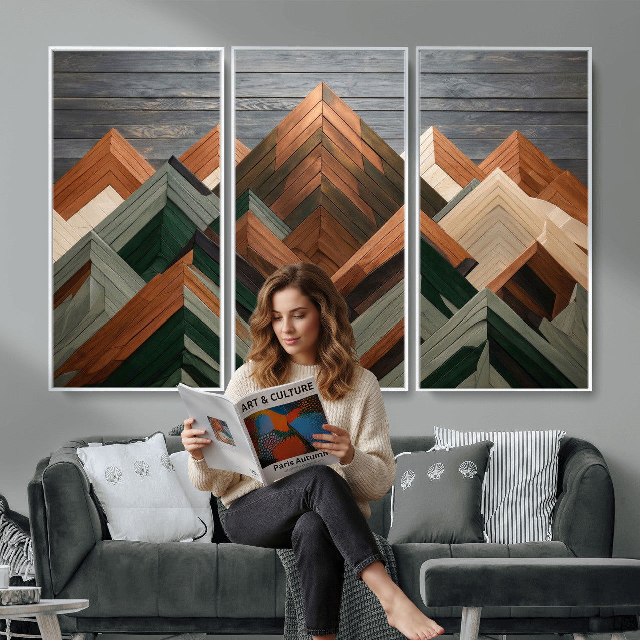 84617347-MGV-CV-36X24 - Geometric Wood Mountain Wall Art Canvas Print, 3D Look Rustic Mosaic Landscape Print