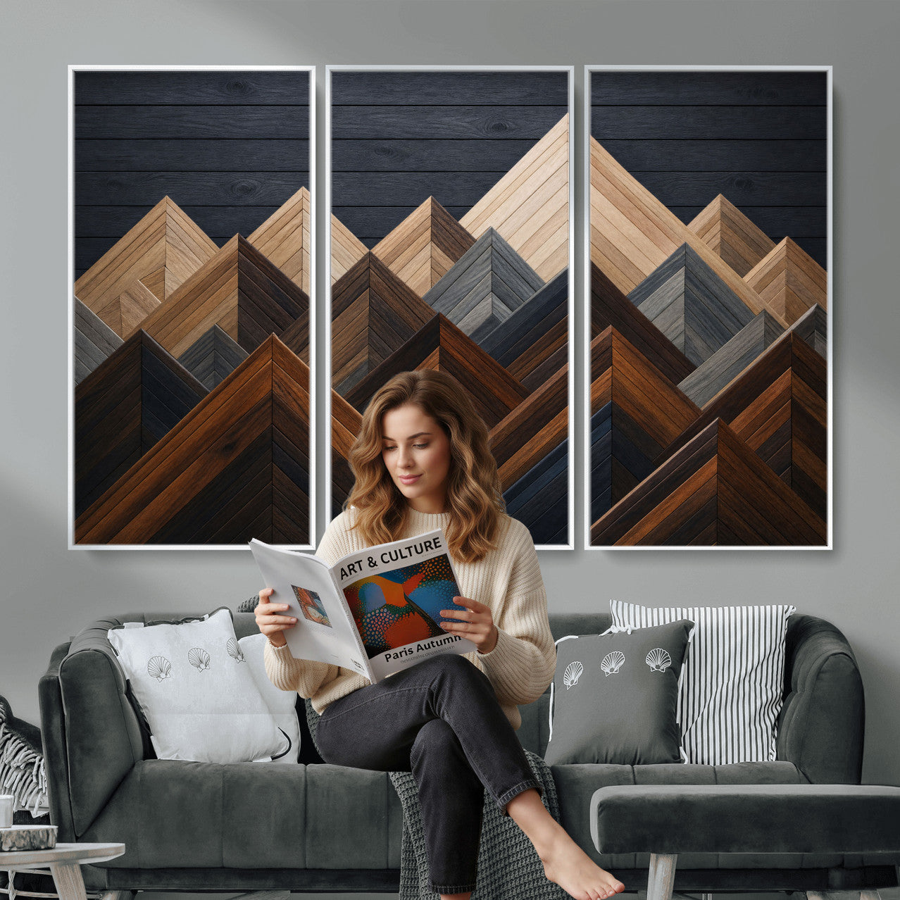 70531117-MGV-CV-36X24 - Geometric Wood Mountain Wall Art Canvas Print, 3D Look Rustic Mosaic Landscape Print