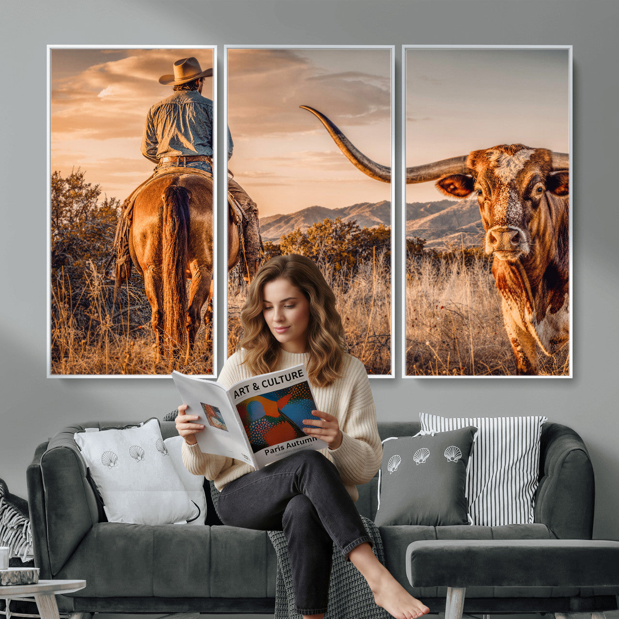 62076449C-MGV-CV-36X24 - Texas Cowboy and Longhorn Bull Print for Western Wall Art Decor for Farmhouse