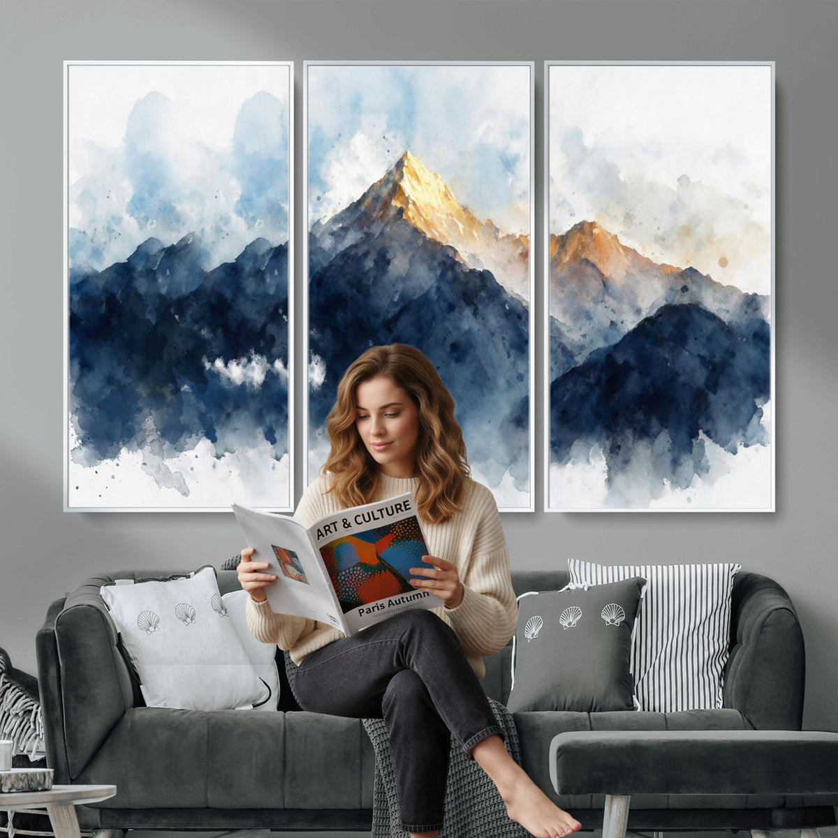 62076449DG1-MGV-CV-36X24 - Abstract Watercolor Mountain Lake Wall Art Print for Living Room Decor