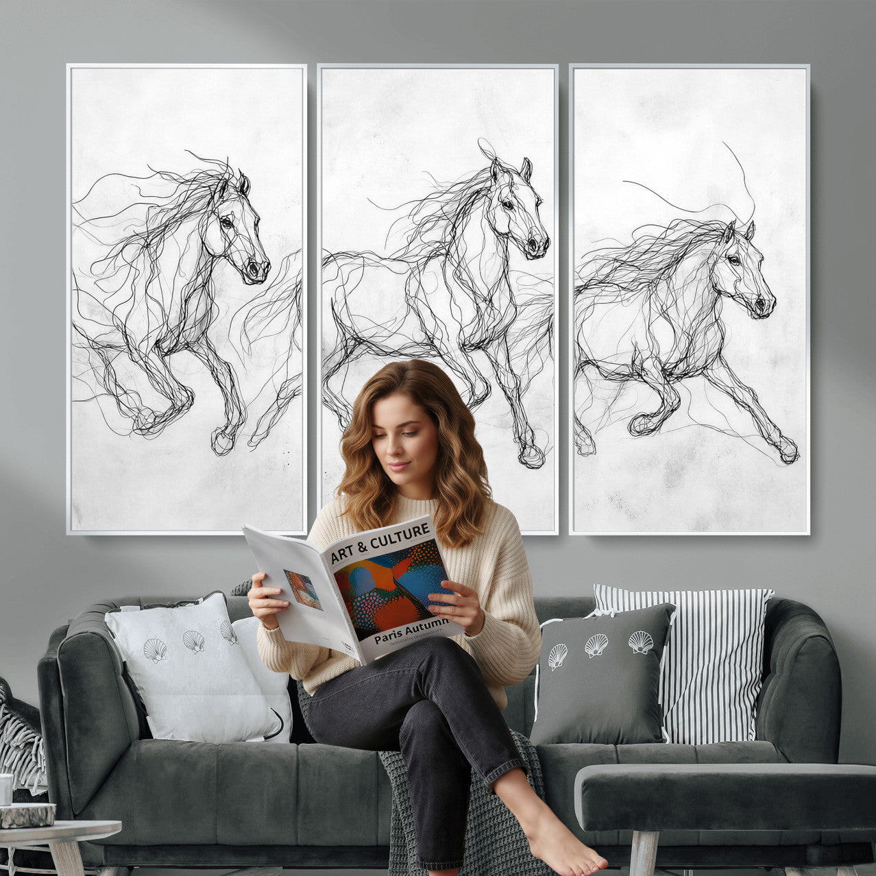 53600119-MGV-CV-36X24 - Monochrome Horse Canvas Wall Art, Black Ink Sketch Wild Horses Print, Minimalist Equestrian Artwork, Modern Abstract Line Decor, Urban Loft Gift