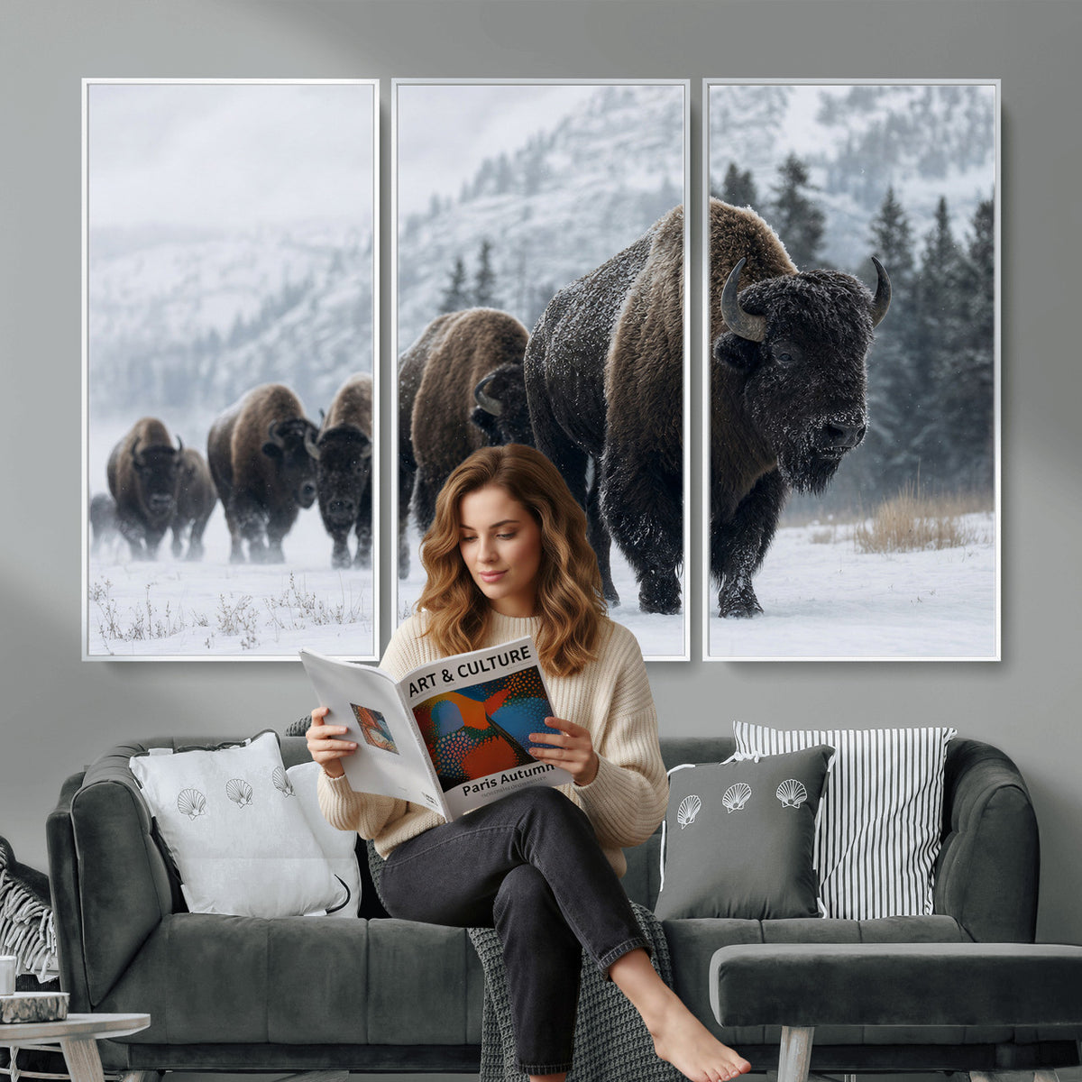 18343289-MGV-CV-36X24 - Rustic Bison Wall Art, American Buffalo Photo Print, Wildlife Canvas Artwork, Snowy Mountain Decor, Large Nature Poster, Cabin Gift Idea