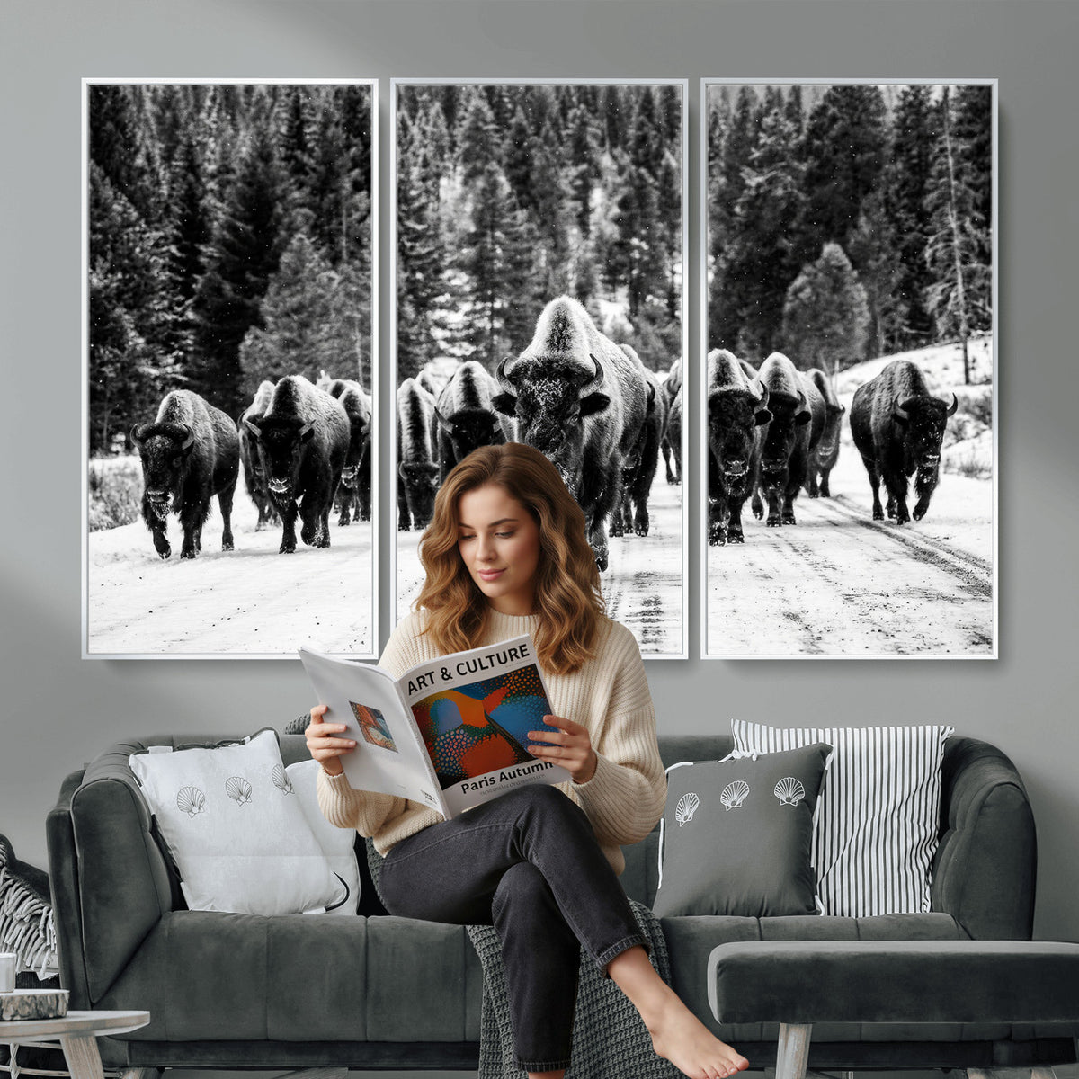 79337077-MGV-CV-36X24 - Black and White Bison Canvas Art, American Buffalo Print, Winter Wildlife Photography, Rustic Forest Wall Decor, Large Statement Nature Gift
