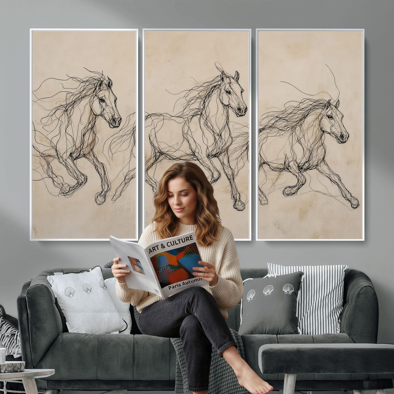 81051673-MGV-CV-36X24 - Abstract Horse Line Art Canvas, Gesture Sketch Wild Horses Print, Modern Scribble Artwork, Minimalist Equine Wall Decor, Rustic Studio Gift