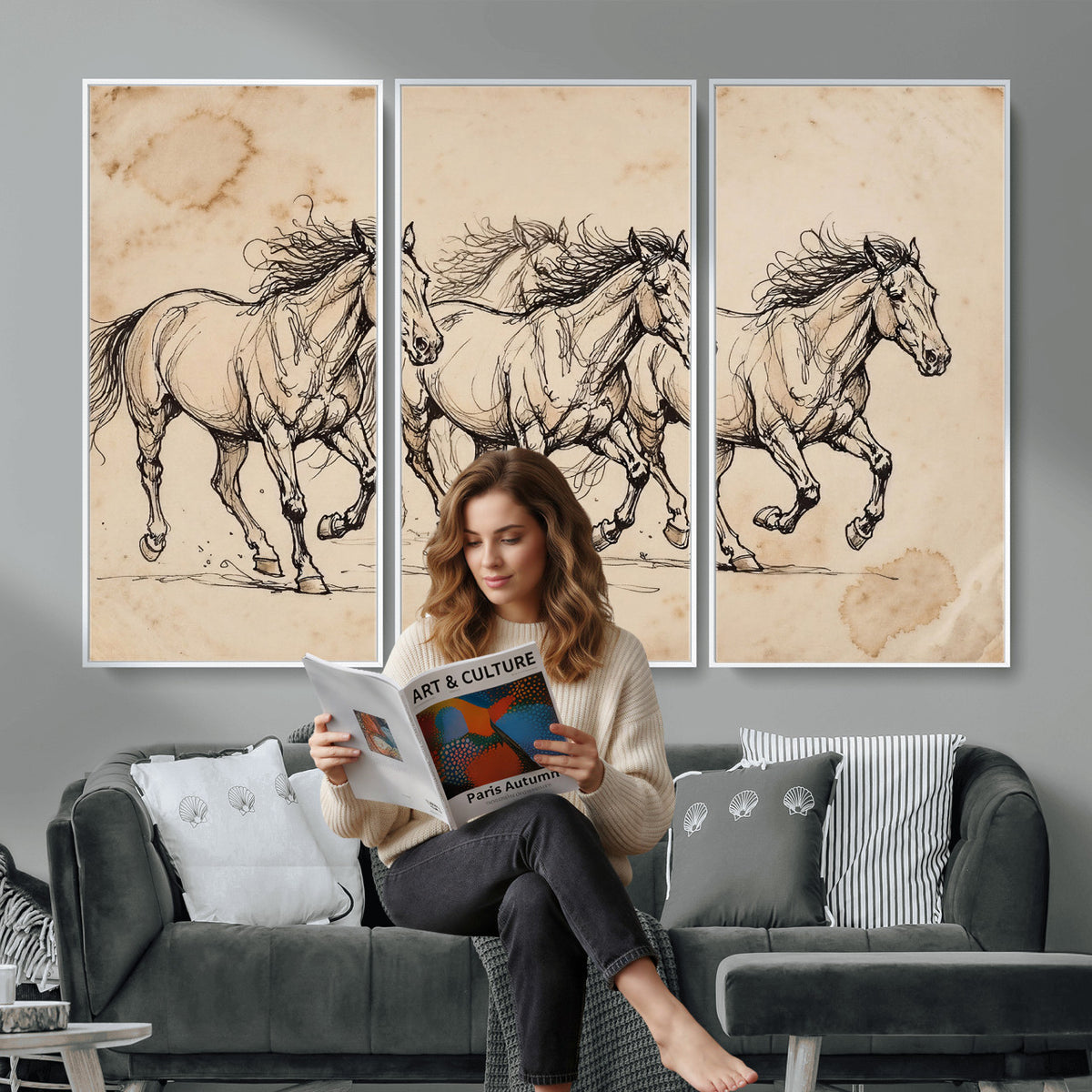 18242163-MGV-CV-36X24 - Vintage Horse Sketch Canvas Wall Art, Wild Horses Pencil Drawing Print, Antique Parchment Western Decor, Equine Sketching, Country Manor Gift