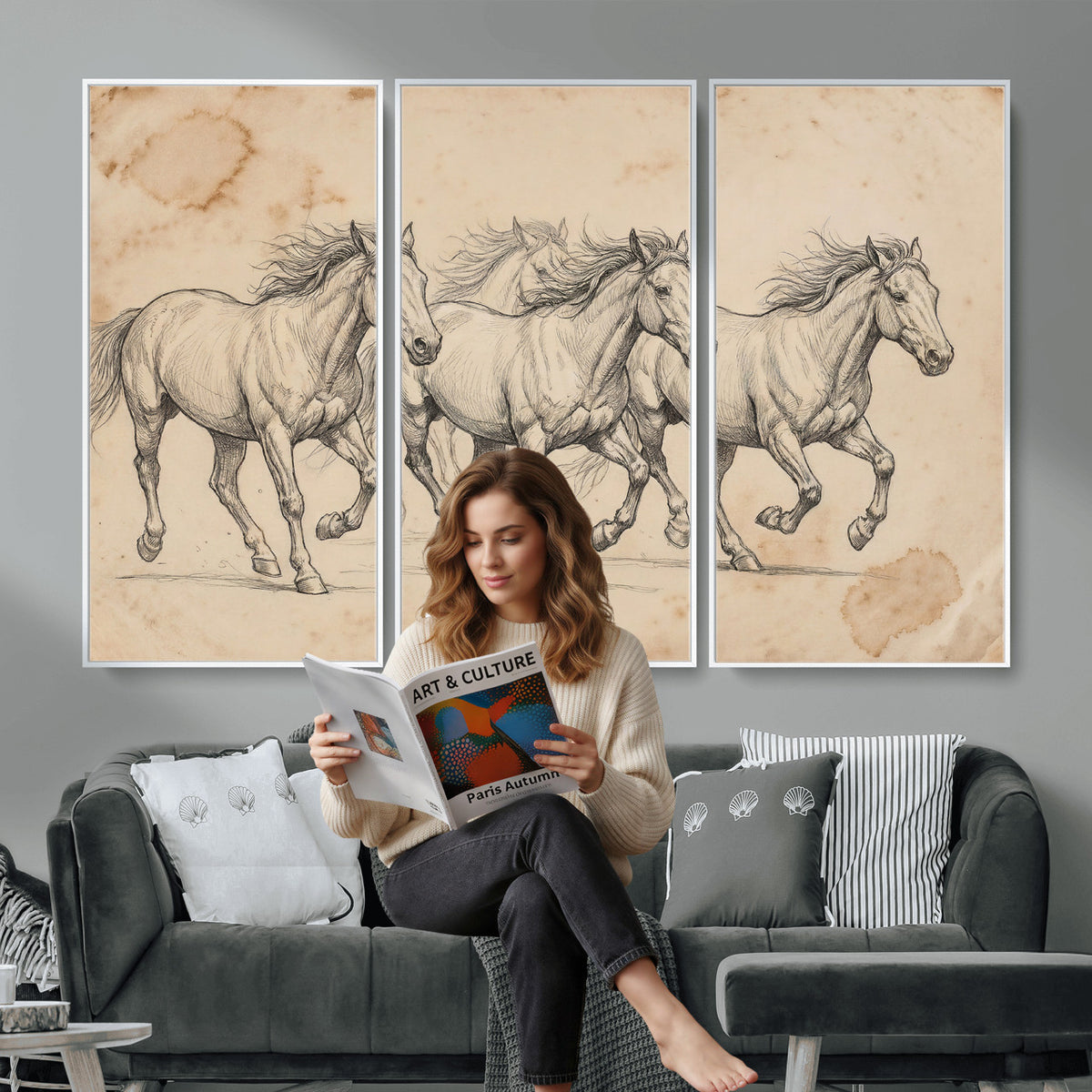 16644391-MGV-CV-36X24 - Vintage Horse Sketch Canvas Wall Art, Wild Horses Pencil Drawing Print, Antique Parchment Western Decor, Equine Sketching, Country Manor Gift