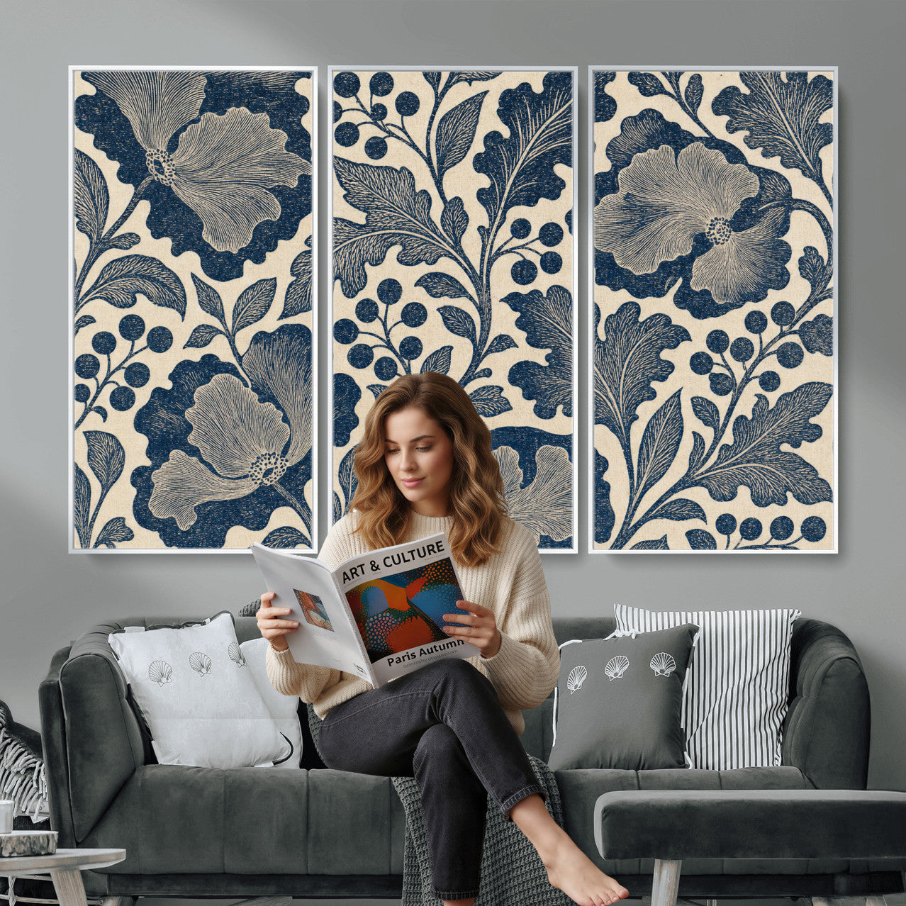 23824002-MGV-CV-36X24 - William Morris Style Navy Blue Floral Wall Art Canvas Print, Vintage Cream Botanical Painting Print