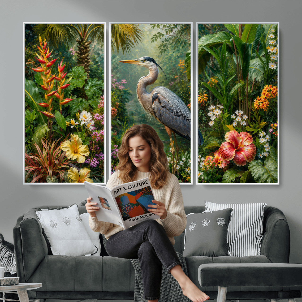 81059387-MGV-CV-36X24 - Great Blue Heron Tropical Jungle Wall Art Canvas Print, Exotic Botanical Garden Painting Print