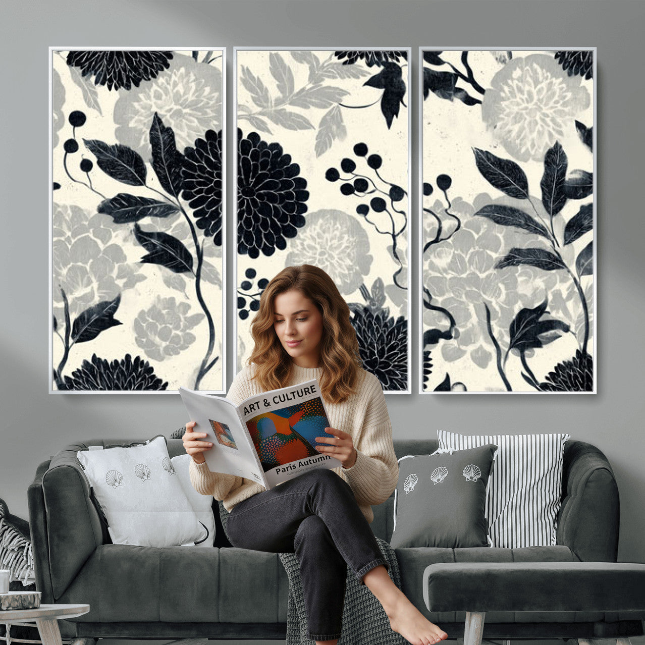 61524791-MGV-CV-36X24 - Vintage Black Chrysanthemum Wall Art Canvas Print, Monochrome Dhalia Floral Painting Print