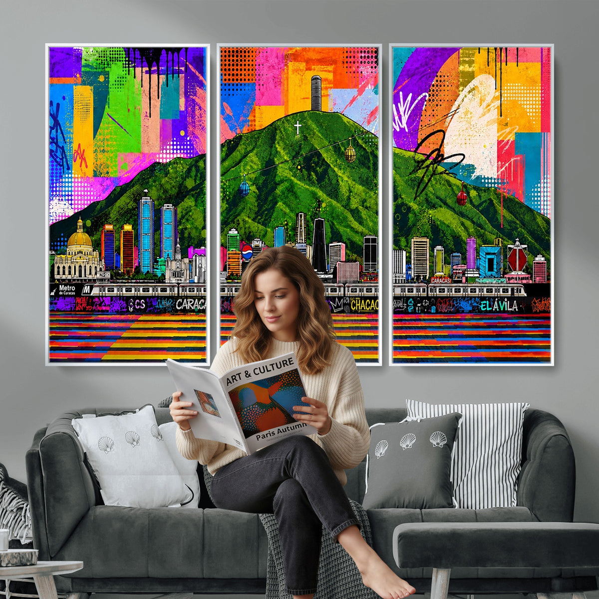 86696255-MGV-CV-36X24 - Mount Ávila, Caracas, Venezuela Wall Art Print by Artist Yorlette - Graffiti Caracas Skyline Canvas Art, Colorful Street Artwork - Venezuela El Avila Poster Print