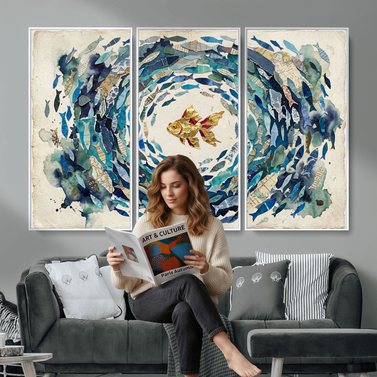 73165663-MGV-CV-36X24 - Mixed Media Blue Fish Swirl Canvas Wall Art, Goldfish Collage Ocean Print