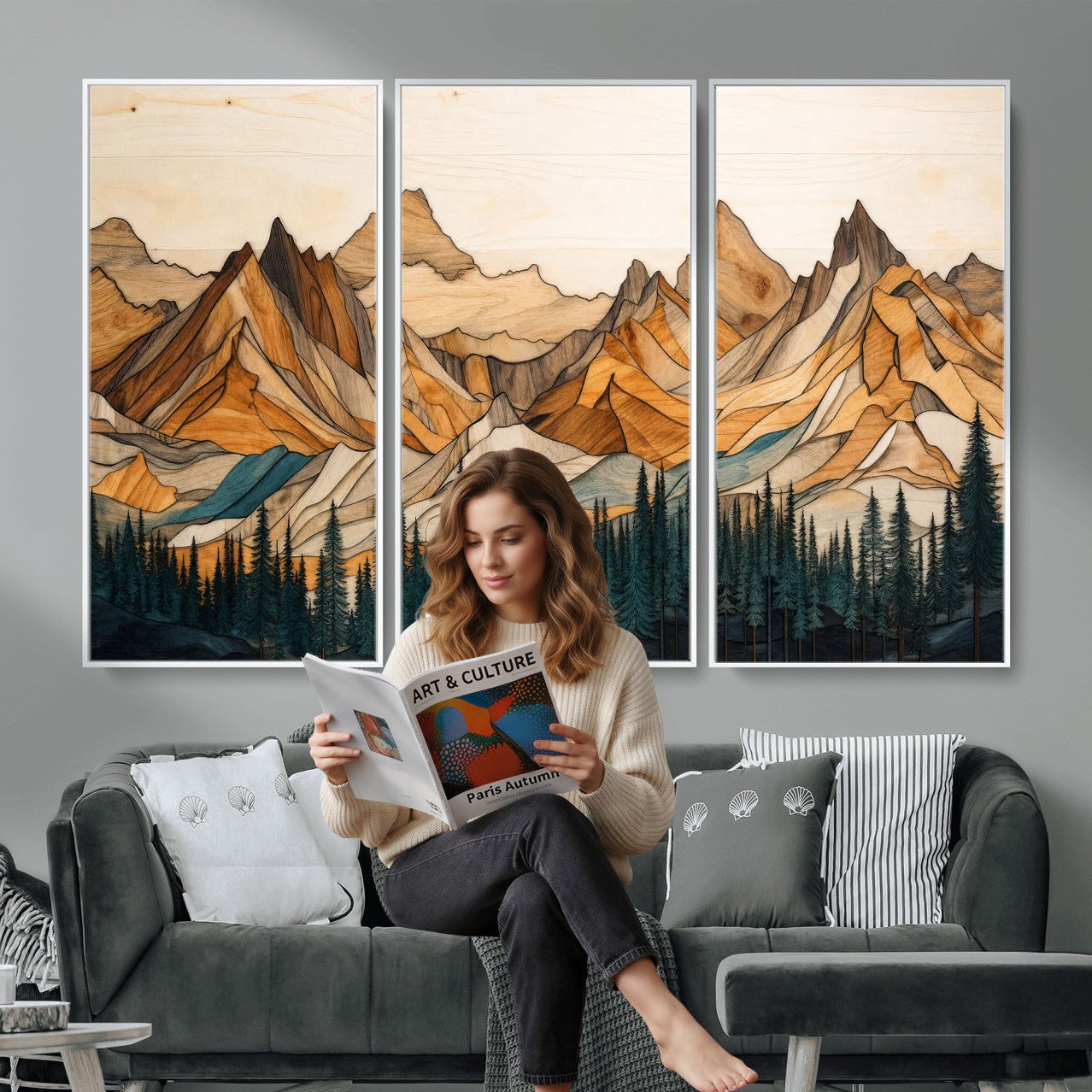 57384313-MGV-CV-48X32-3P - Mountain Landscape Canvas Wall Art with Wood Grain Effect, Golden Peaks and Teal Pine Forest, Framed Cabin Decor