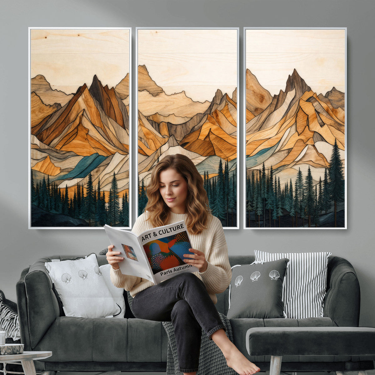 57384313-MGV-CV-48X32-3P - Mountain Landscape Canvas Wall Art with Wood Grain Effect, Golden Peaks and Teal Pine Forest, Framed Cabin Decor