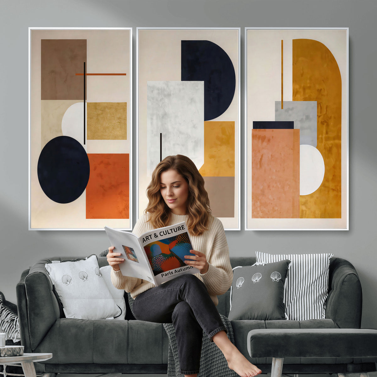 87361249-MGV-CV-48X32-3P - Mid Century Modern Geometric Canvas Wall Art, Abstract Triptych Print