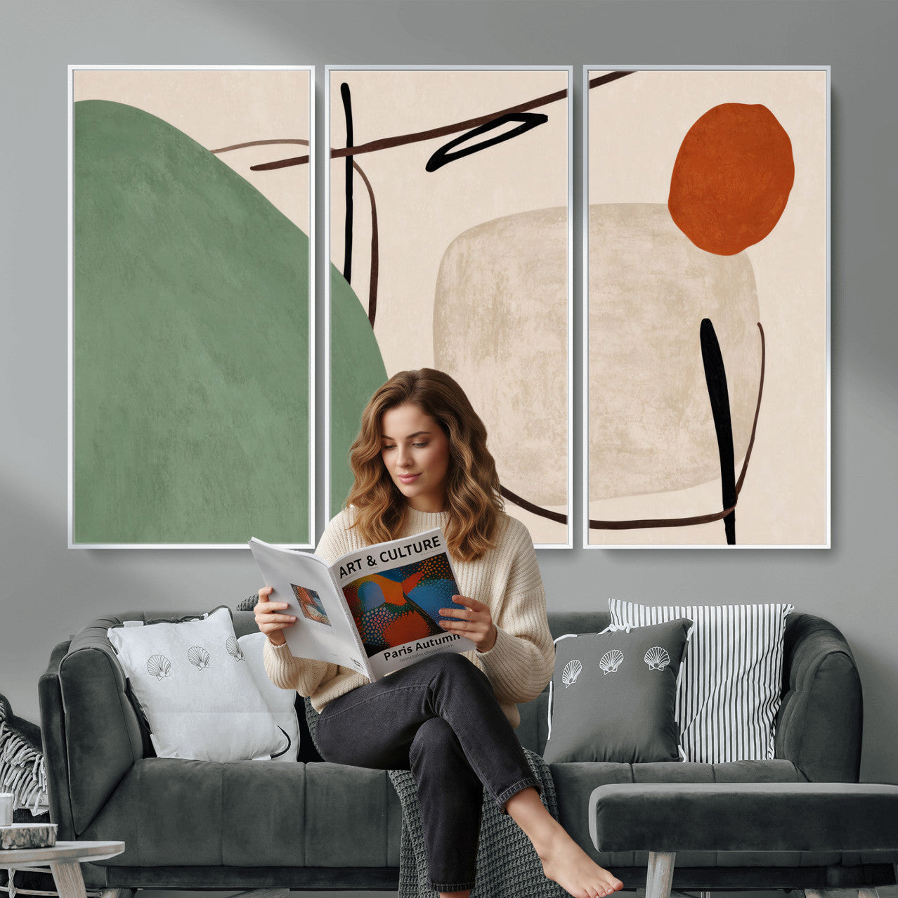 46798824-MGV-CV-48X32-3P - Mid Century Modern Geometric Canvas Wall Art, Abstract Triptych Print